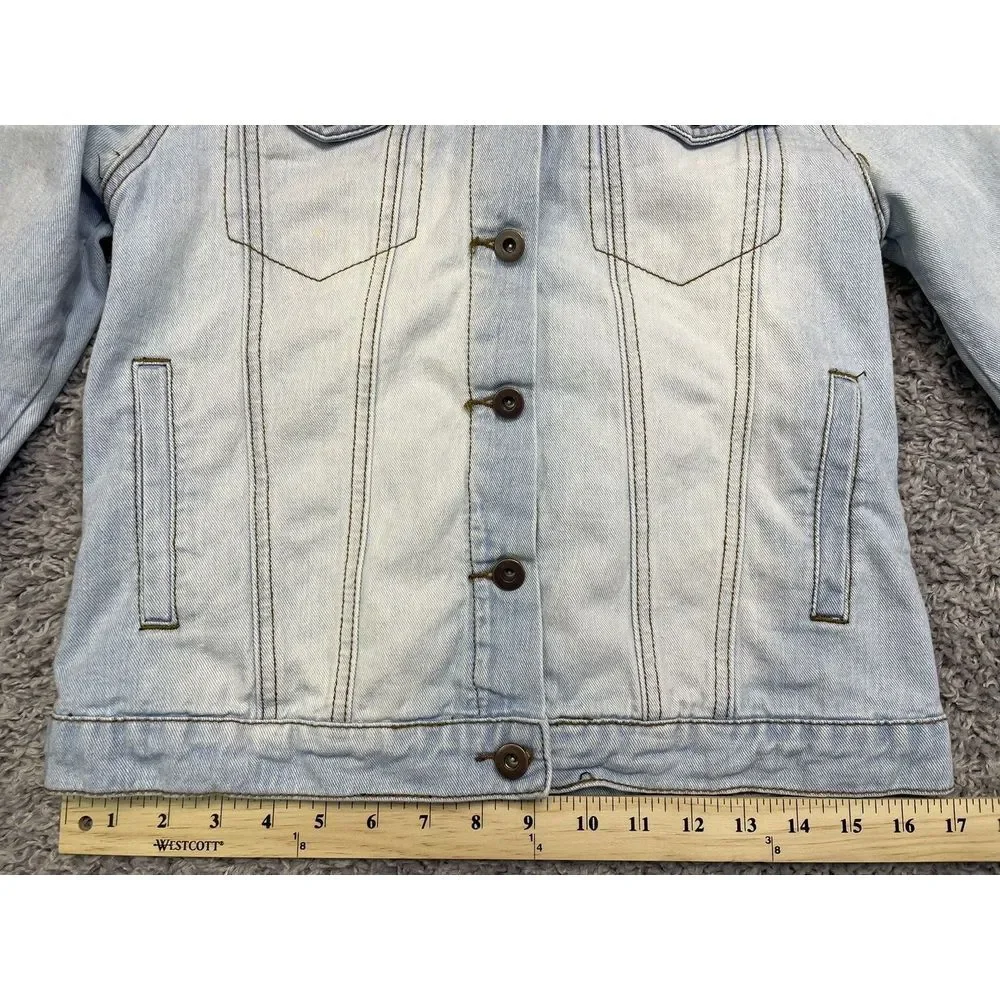 Forever 21 Jacket Women S Blue Denim Aztec Embellished Distressed Trucker‎ A+